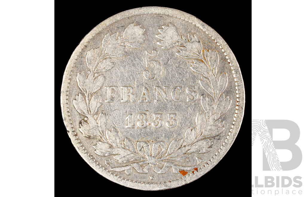 France 1833 Silver Five Francs Coin, Louis-Philippe I, Paris Mint .900
