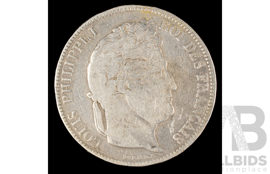 France 1833 Silver Five Francs Coin, Louis-Philippe I, Paris Mint .900