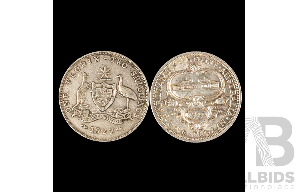 Two Australian 1927 KGV Silver Florins, Commemorative and Standard Issue .925