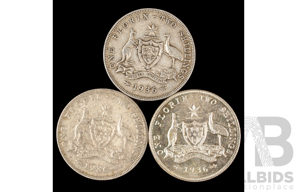 Three Australian 1936 KGV Silver Florins .925