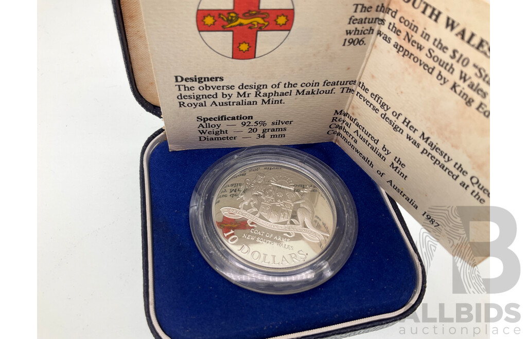 Australian 1987 Silver Ten Dollar Proof Coin, State Series, New South Wales .925