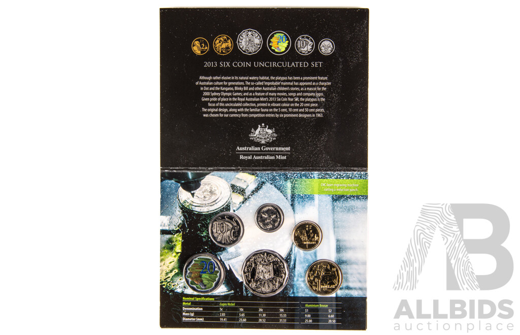 Australian 2013 UNC Six Coin Special Edition Set, Includes Coloured Twenty Cent Coin