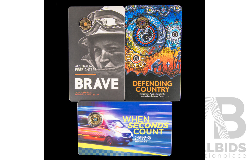 Three Australian RAM UNC Two Dollar Coins Including 2020 Australia's Firefighters, 2021 Australian Ambulance Service, 2021 Indigenous Australians in Defence Force