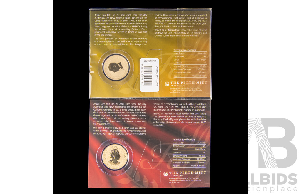 Two Australian Perth Mint 2023 and 2024 One Dollar Coins, Lest We Forget, Queen Elizabeth II and King Charles III