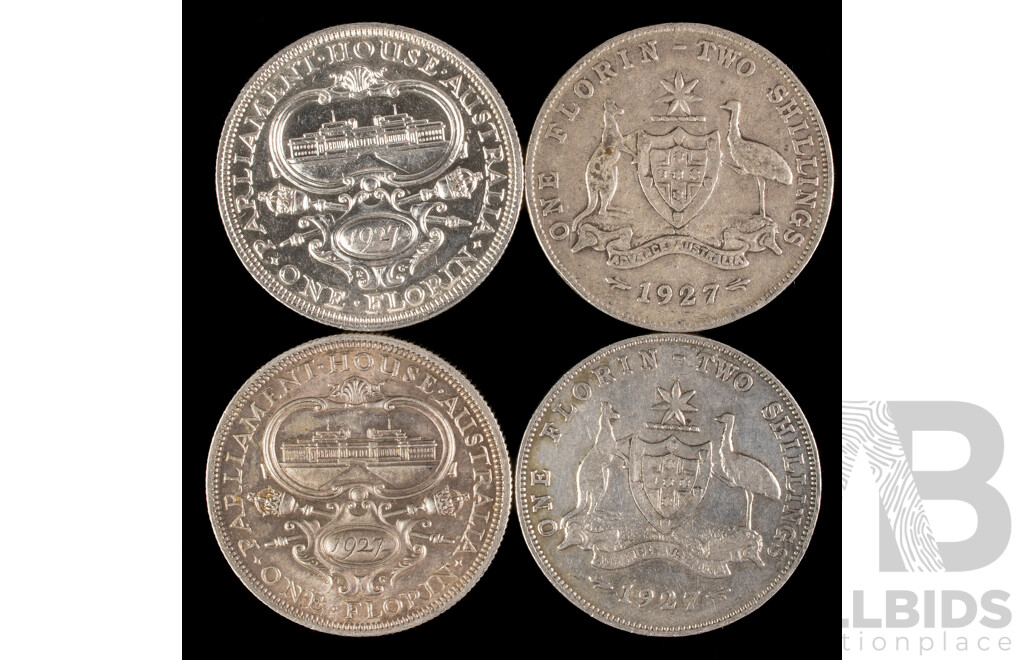 Four Australian 1927 KGV Silver Florins, Two Commemorative, Two Standard Issue .925