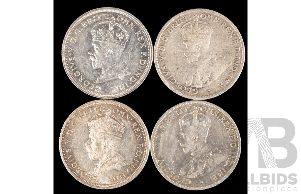 Four Australian 1927 KGV Silver Florins, Two Commemorative, Two Standard Issue .925