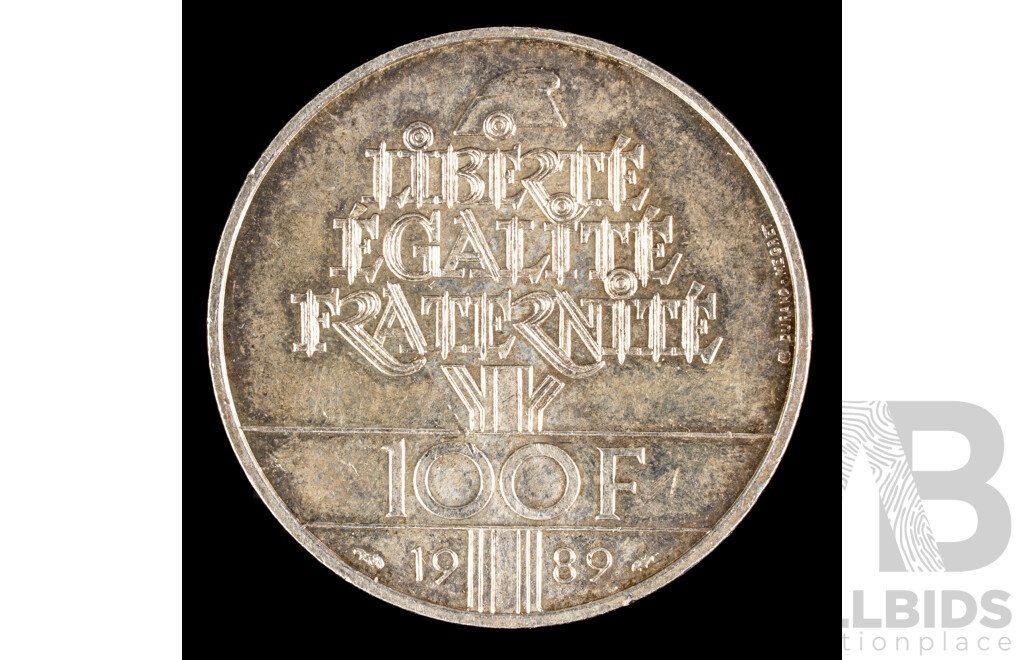 France 1989 Silver One Hundred Francs Coin, 200th Anniversary of the Declaration of the Rights of Man and Citizen .900