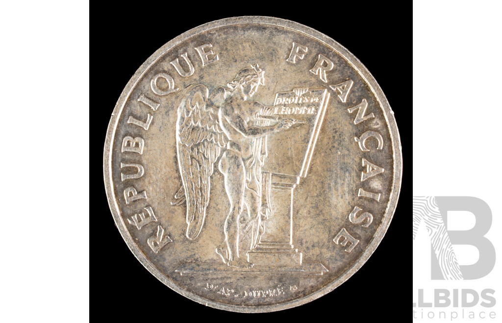 France 1989 Silver One Hundred Francs Coin, 200th Anniversary of the Declaration of the Rights of Man and Citizen .900