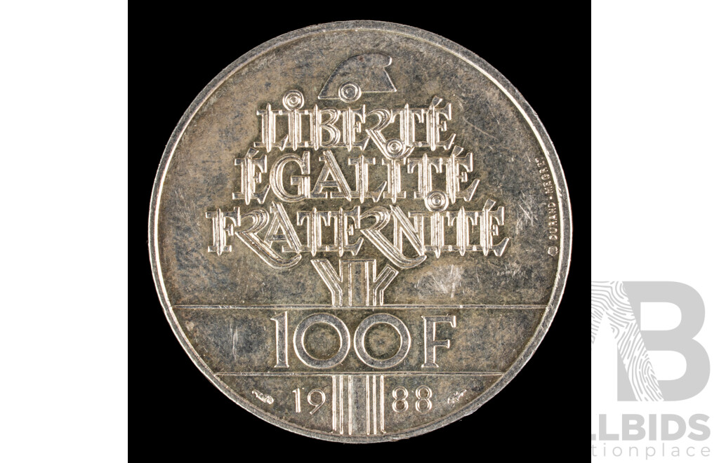 France 1988 Silver One Hundred Francs Coin, Fraternity, the Founding Value of the French Republic .900