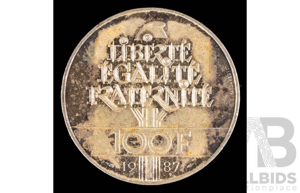 France 1987 Silver One Hundred Francs Coin, 230th Anniversary of the Birth of La Fayette .900