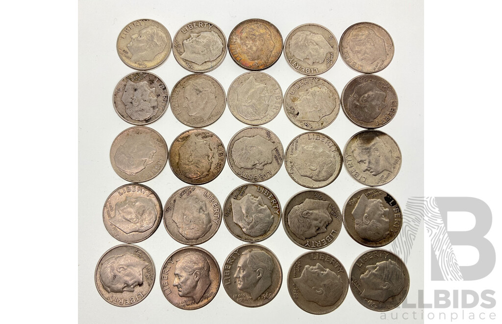 Twenty Five USA Silver Roosevelt Dimes 1960, 1961, 1962, 1963, Phildelphia and Denver Mints .900