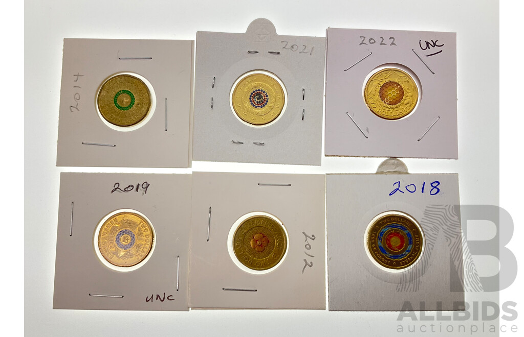 Six Australian Commemorative Two Dollar Coins Including 2012 Remembrance, 2014 Remembrance, 2018 Eternal Flame, 2019 Police Remembrance, 2021 Indigenous Military Service, 2022 Honey Bee