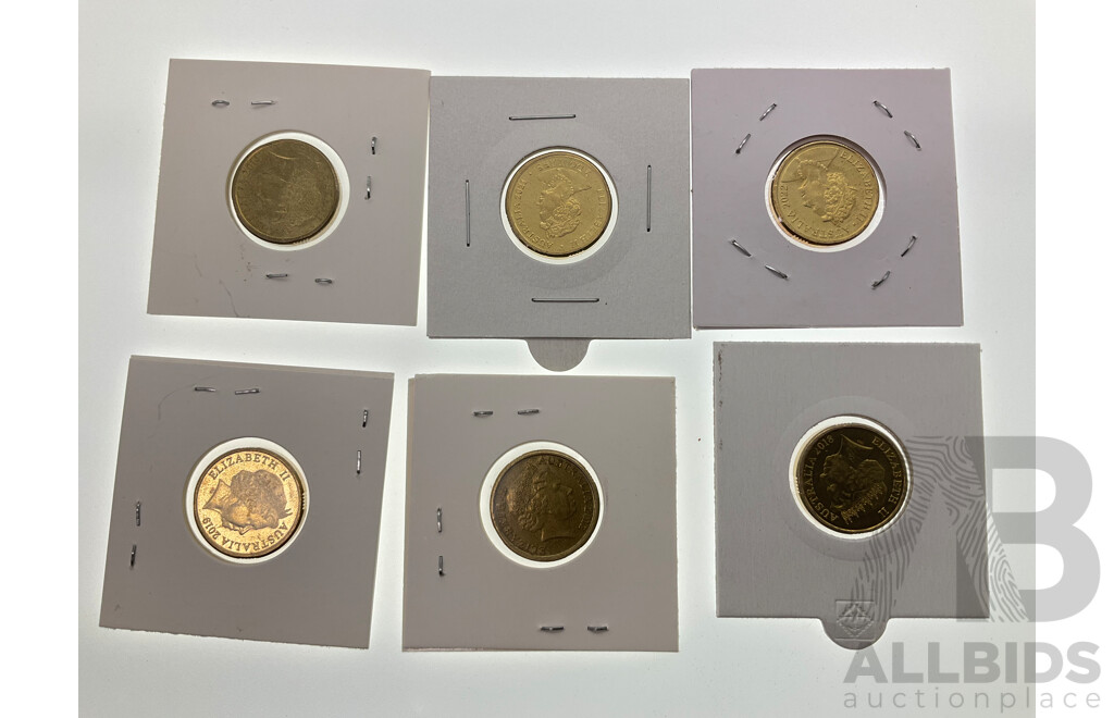 Six Australian Commemorative Two Dollar Coins Including 2012 Remembrance, 2014 Remembrance, 2018 Eternal Flame, 2019 Police Remembrance, 2021 Indigenous Military Service, 2022 Honey Bee