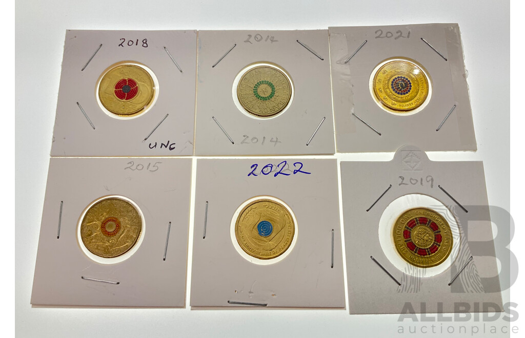 Six Australian Commemorative Two Dollar Coins Including 2014 Remembrance, 2015 Remembrance, 2018 Armistice, 2019 One Hundred Years Repatriation, 2021 Indigenous Military Service, 2022 Seventy Five Years Peace Keeping