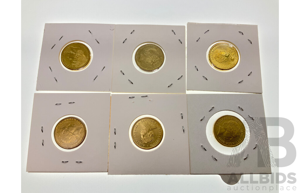 Six Australian Commemorative Two Dollar Coins Including 2014 Remembrance, 2015 Remembrance, 2018 Armistice, 2019 One Hundred Years Repatriation, 2021 Indigenous Military Service, 2022 Seventy Five Years Peace Keeping