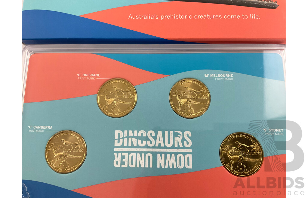 Australian RAM 2022 One Dollar Coin Set, Dinosaurs Down Under, Privy Marks