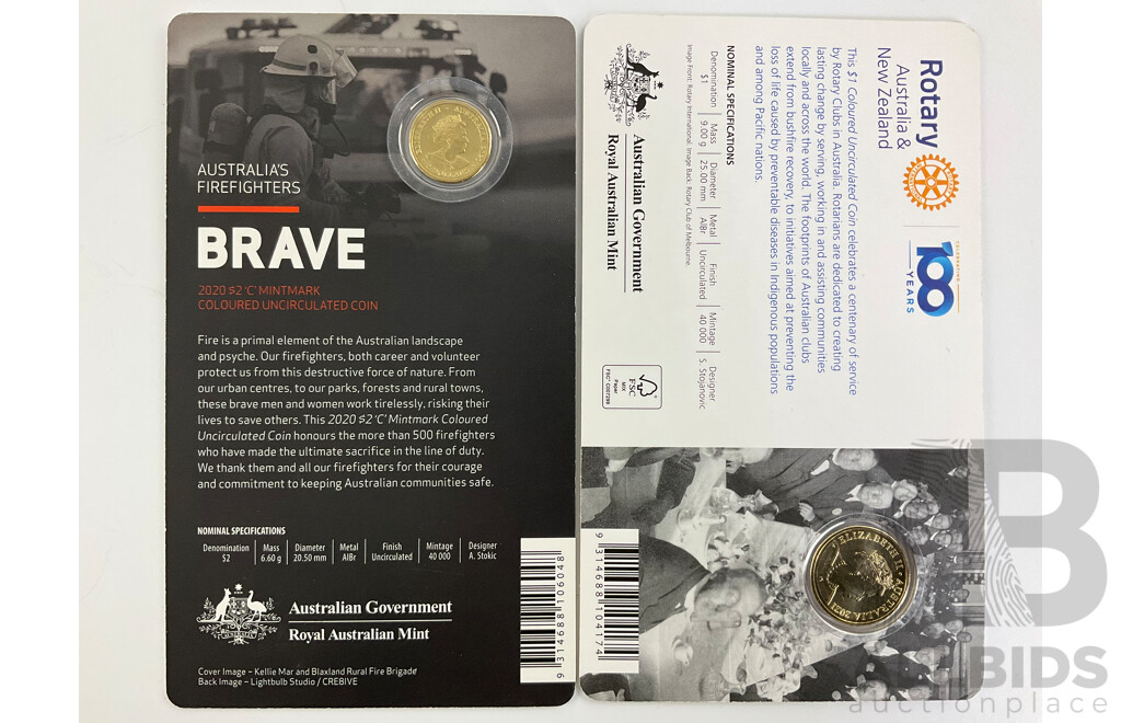 Australian RAM 2015 Coloured Two Dollar Coin, Australia's Firefighters C Mint Mark, 2021 Coloured One Dollar Coin, Centenary of Rotary in Australia