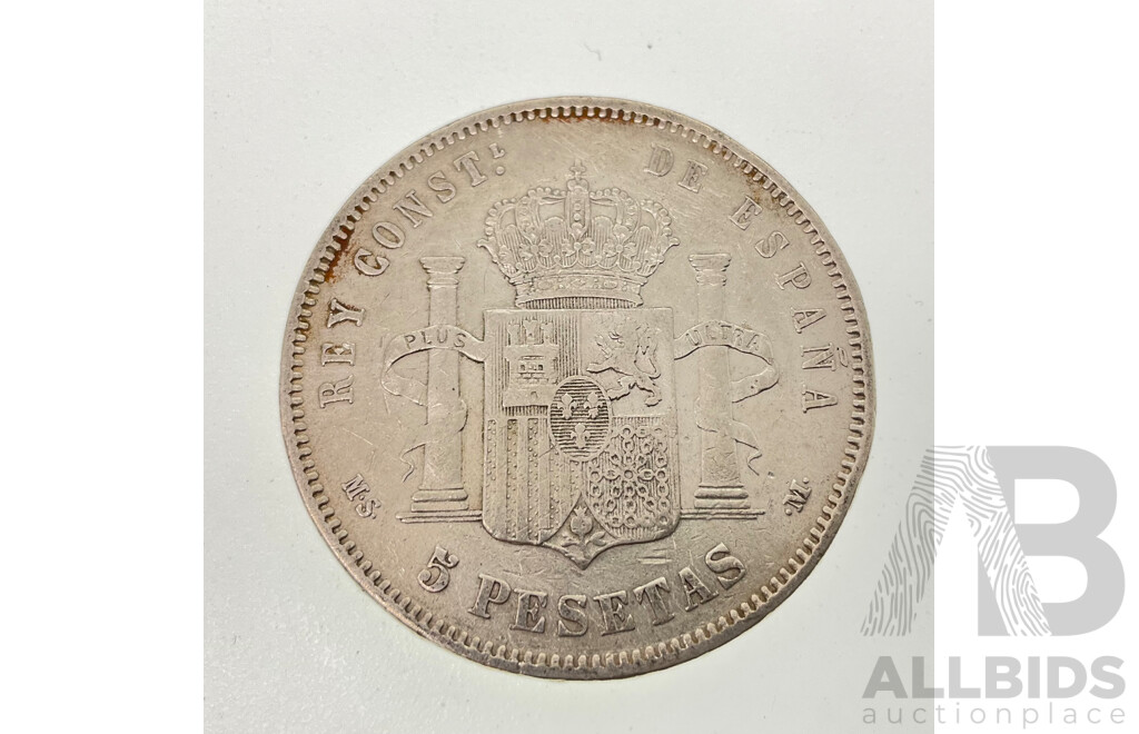 Spain 1885 Silver Five Pesetas Coin, King Alfonso XII .900