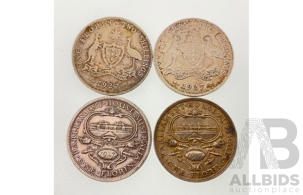 Four Australian 1927 KGV Silver Florins, Two Commemorative, Two Standard Issue .925