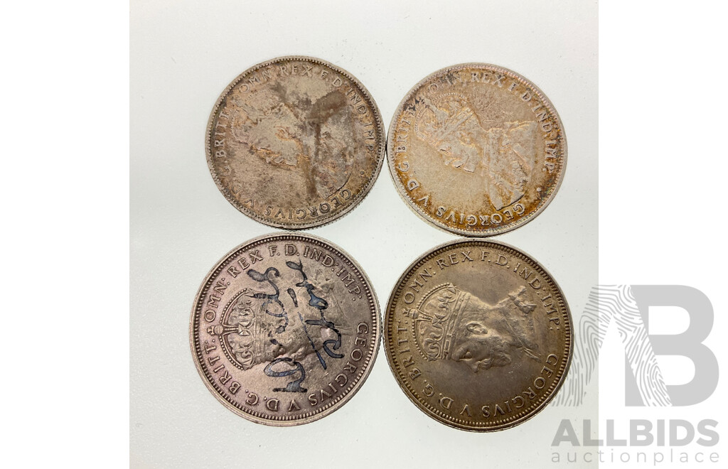 Four Australian 1927 KGV Silver Florins, Two Commemorative, Two Standard Issue .925