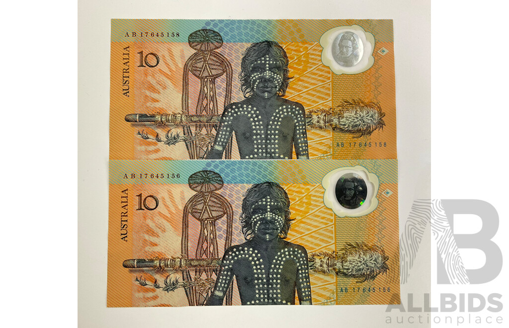 Two Australian 1988 Bicentennial Ten Dollar Notes, Fraser/Johnston AB 17645156, AB 17645158