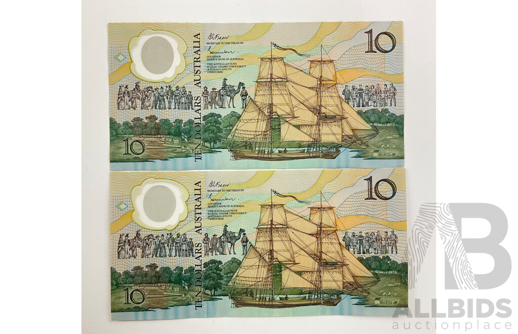 Two Australian 1988 Bicentennial Ten Dollar Notes, Fraser/Johnston AB 17645156, AB 17645158