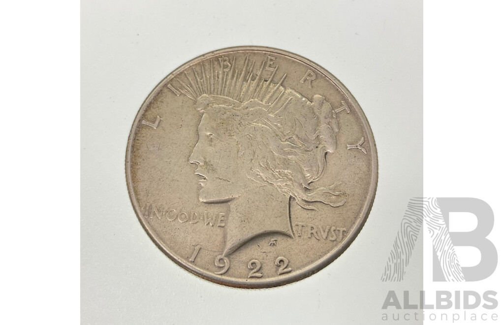 USA 1922 Silver Peace Dollar, San Fransisco Mint .900