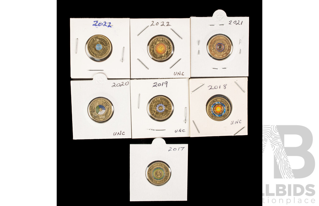 Collection of Australian Two Dollar Coins Including 2019 Police Remembrance, 2017, 2018 Lest We Forget, 2020 End of WW2, 2021 Indigenous Service, 2022 Peace Keeping, 2022 Honey Bee