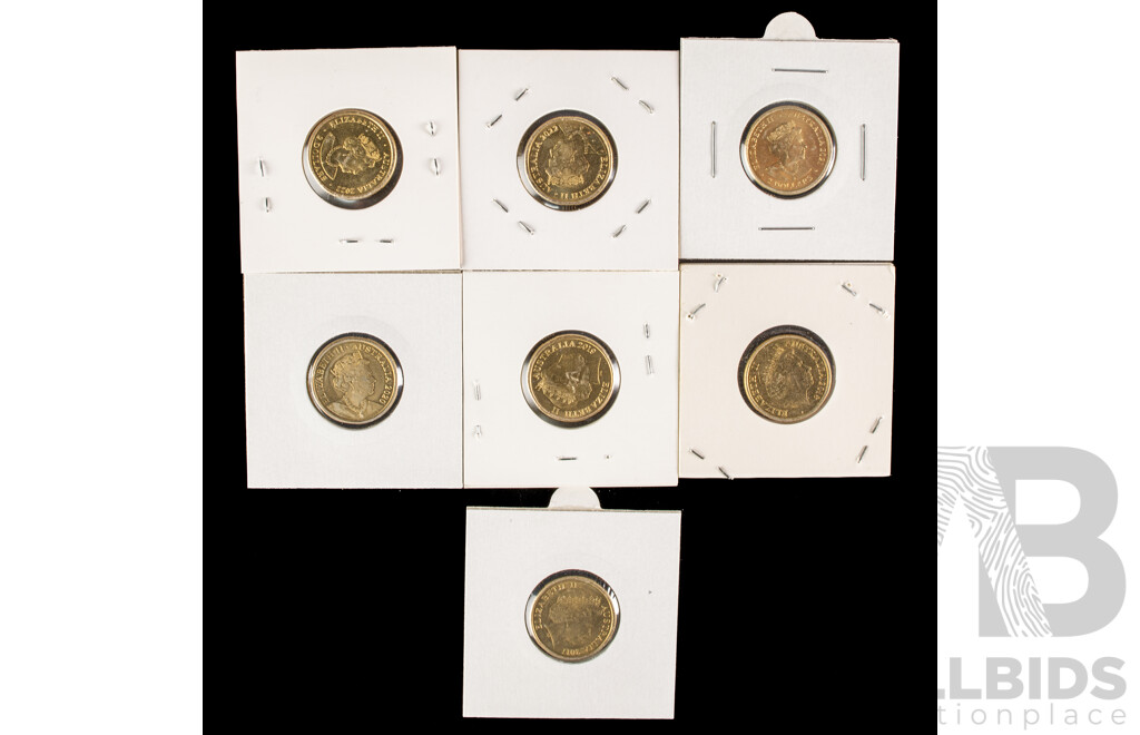 Collection of Australian Two Dollar Coins Including 2019 Police Remembrance, 2017, 2018 Lest We Forget, 2020 End of WW2, 2021 Indigenous Service, 2022 Peace Keeping, 2022 Honey Bee