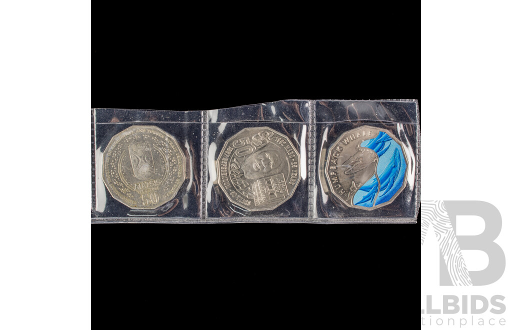 Three Australian Commemorative Fifty Cent Coins Including 2023 Coloured Humpback Whale, 2017 50 Years Referendum, 2014 AIATIS