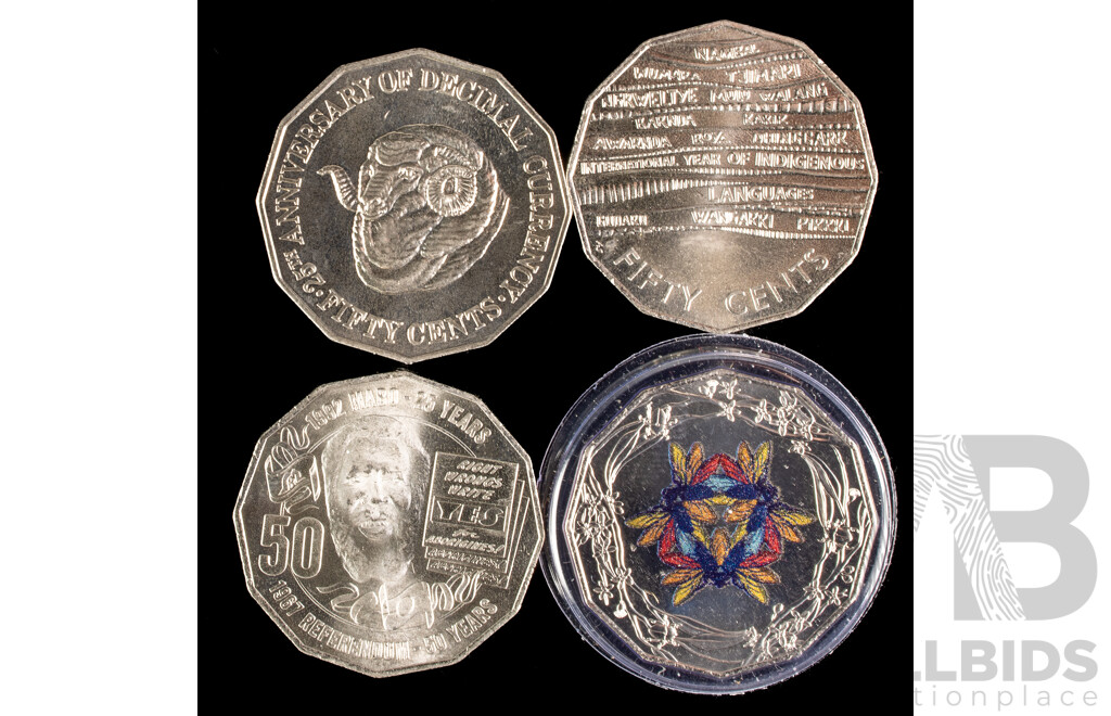 Four Australian Commemorative Fifty Cent Coins Including 2022 Coloured Christmas Beetle, 2019  International Year of Indigenous Languages, 1991 25 Years Decimal Currency, 2017 50 Years Referendum