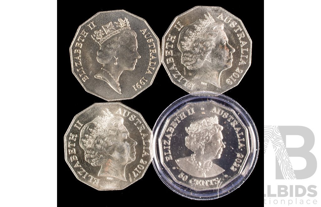 Four Australian Commemorative Fifty Cent Coins Including 2022 Coloured Christmas Beetle, 2019  International Year of Indigenous Languages, 1991 25 Years Decimal Currency, 2017 50 Years Referendum