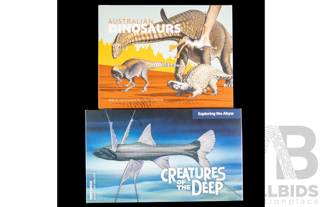 Australian RAM 2023 Four One Dollar Privy Mark Set, Creatures of the Deep and 2022 Four Coin Set, Australian Dinosaurs