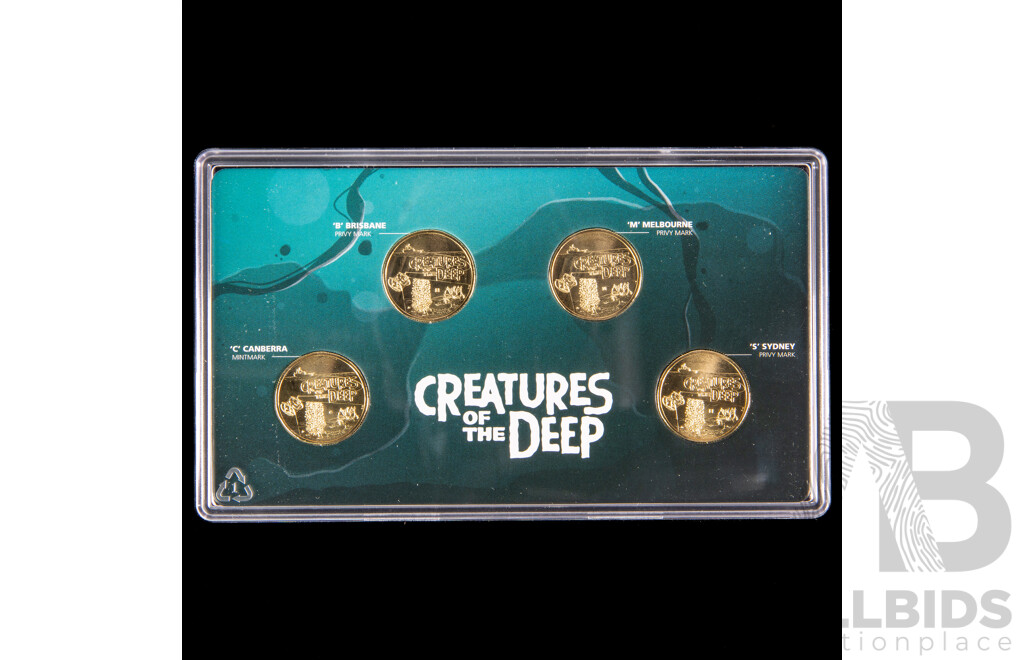 Australian RAM 2023 Four One Dollar Privy Mark Set, Creatures of the Deep and 2022 Four Coin Set, Australian Dinosaurs