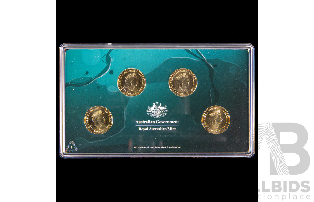 Australian RAM 2023 Four One Dollar Privy Mark Set, Creatures of the Deep and 2022 Four Coin Set, Australian Dinosaurs