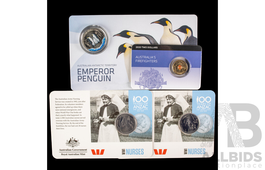 Australian RAM 2023 Coloured Fifty Cent, Emperor Penguin, 2020 Two Dollar Australia's Firefighters Two 2018 Twenty Cents, 100 Years ANZACS Nurses,
