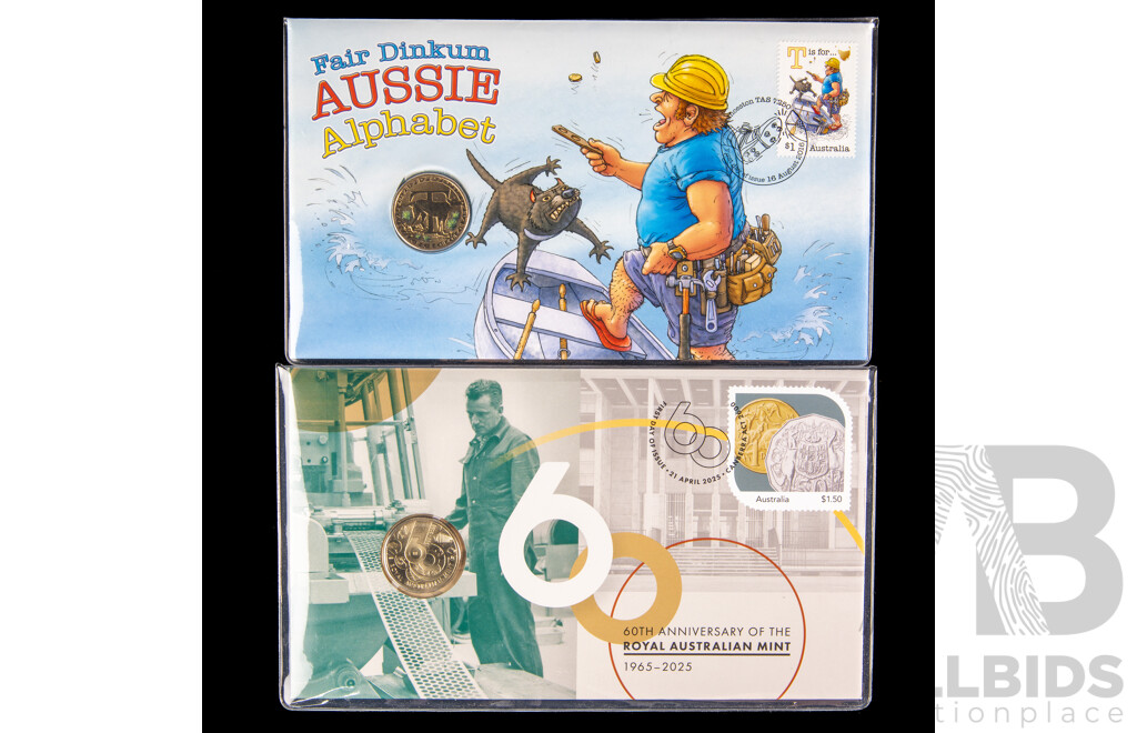 Two Australian PNCs, 2025 Sixty Years of Royal Mint and 2016 Fair Dinkum Aussie Alphabet