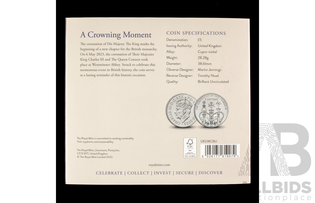 United Kingdom Royal Mint 2023 Brilliant Five Pound Coin, King Charles Coronation