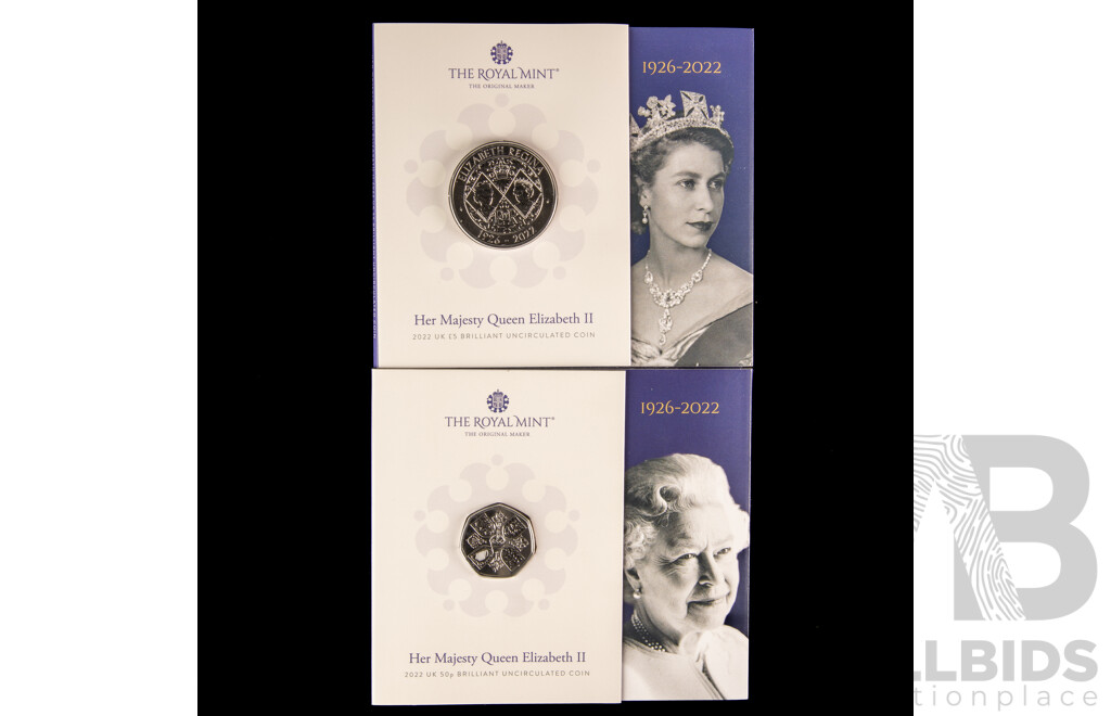 United Kingdom Royal Mint 2023 Brilliant Five Pound and Fifty Pence Coins, Queen Elizabeth II 1926-2022