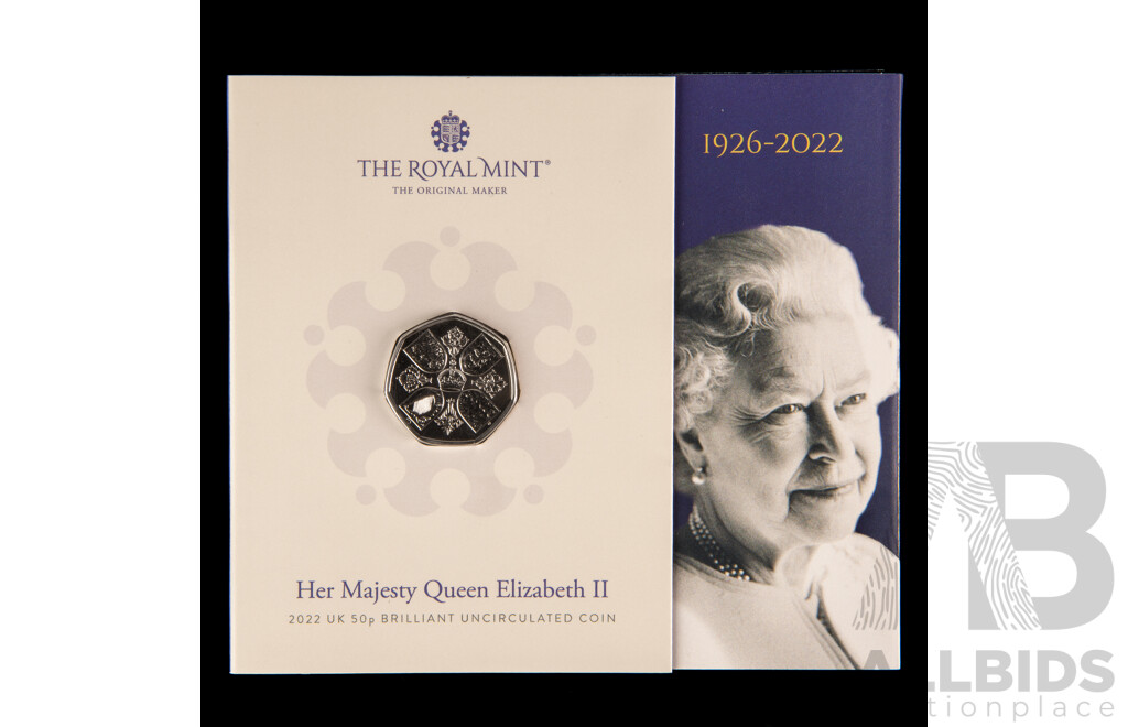 United Kingdom Royal Mint 2023 Brilliant Five Pound and Fifty Pence Coins, Queen Elizabeth II 1926-2022