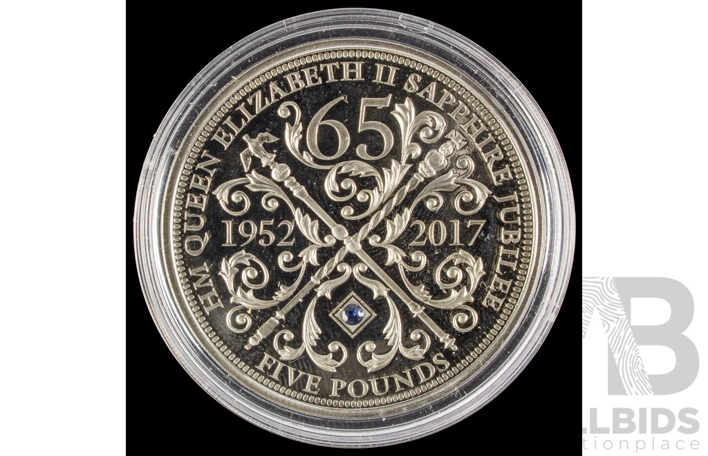 United Kingdom 2017 Five Pound Proof Coin, QE2 Sapphire Jubilee with Blue Sapphire Set in Coin