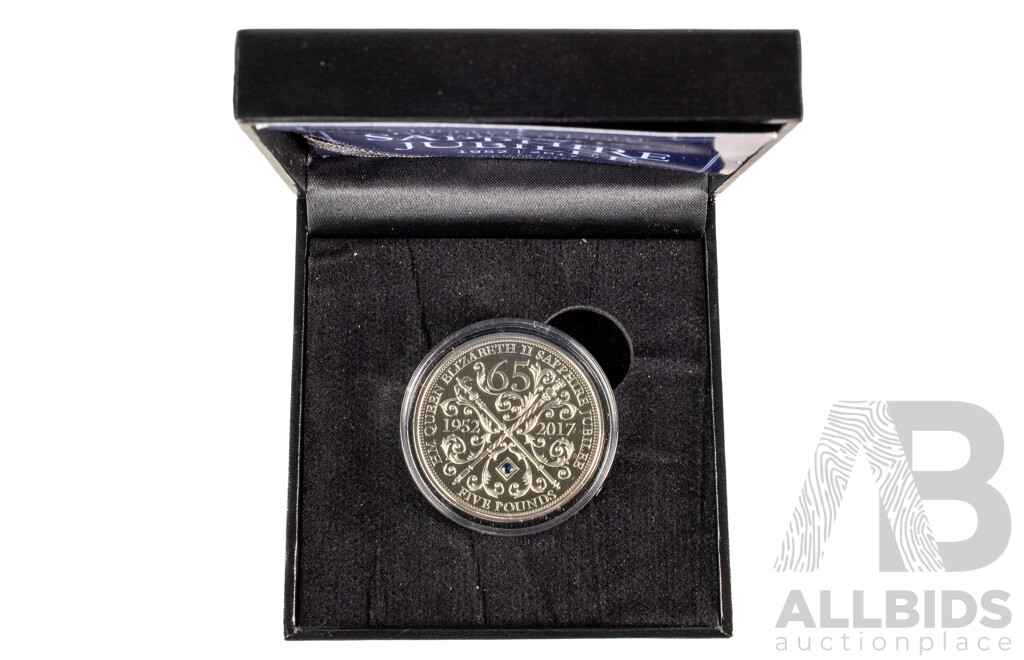 United Kingdom 2017 Five Pound Proof Coin, QE2 Sapphire Jubilee with Blue Sapphire Set in Coin