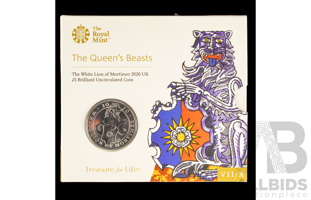 United Kingdom Royal Mint 2020 Brilliant Five Pound Coin, The Queen's Beasts White Lion of Mortimer