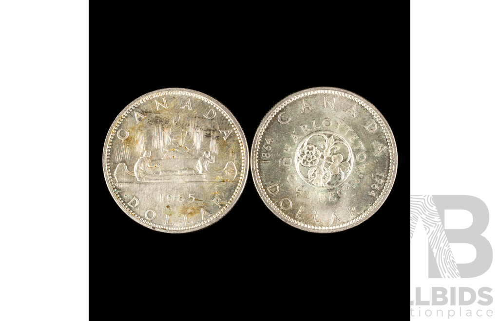 Two Canadian Silver One Dollar Coins, 1964 100th Anniversary of Charlottetown & Quebec Conferences and 1965 Canoe .800