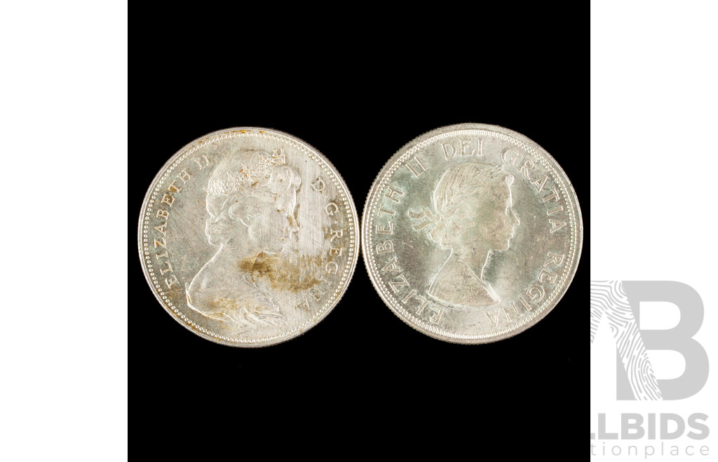 Two Canadian Silver One Dollar Coins, 1964 100th Anniversary of Charlottetown & Quebec Conferences and 1965 Canoe .800