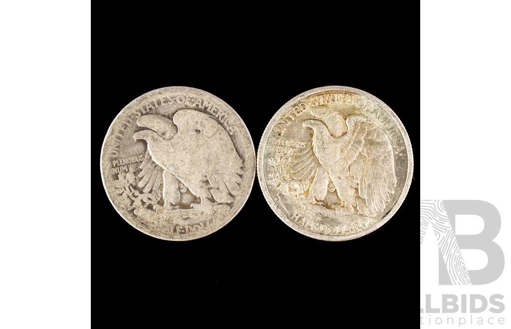 Two USA Silver Walking Liberty Half Dollars, 1920 and 1943 .900