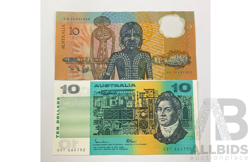 Two Australian Ten Dollar Notes, 1985 R309 Johnston/Fraser and 1988 Bicentennial R310b