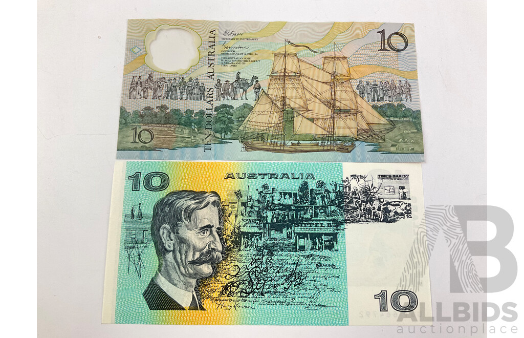 Two Australian Ten Dollar Notes, 1985 R309 Johnston/Fraser and 1988 Bicentennial R310b
