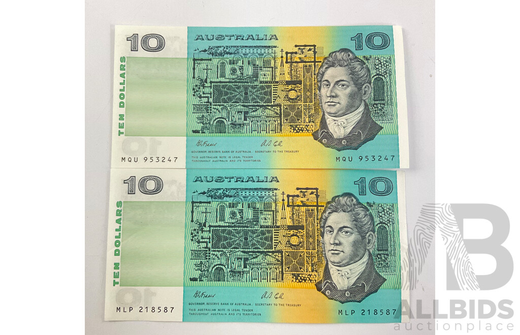 Two Australian 1991 Ten Dollar Notes, Fraser/Cole R313a and R13b