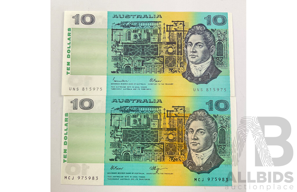 Two Australian Ten Dollar Notes, 1989 Fraser/Higgins R312 and 1985 Johnston/Fraser R309